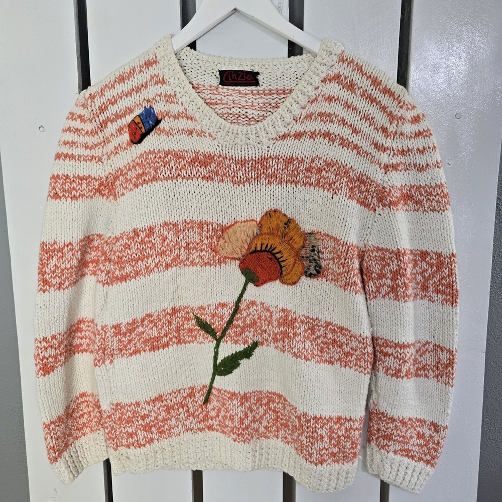 Cinzia Pistoia Hand Knit Floral Sweater Small Orange Striped Cottagecore Coastal